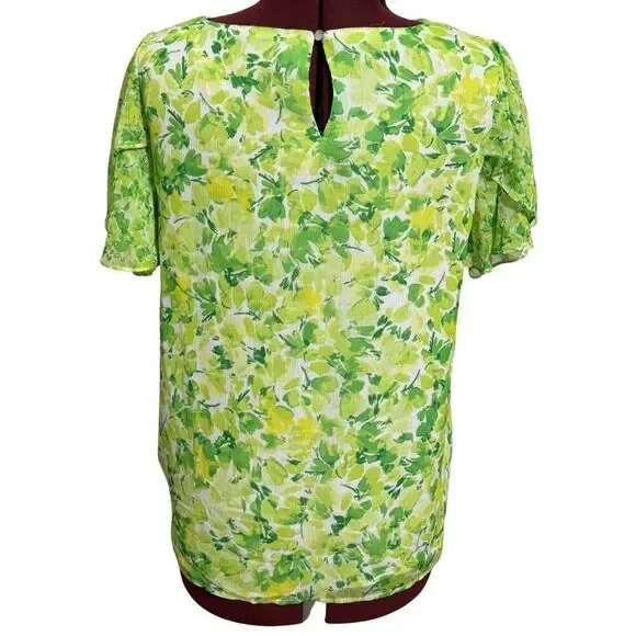 VINCE CAMUTO Floral Ruffle Flutter Short Sleeve Blouse Bright Emerald NWT Medium - Picture 5 of 9